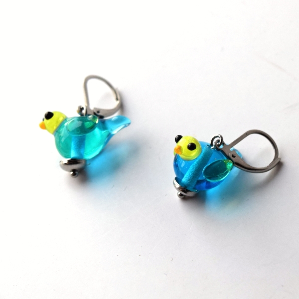 Náušnice ptáčci handmade korálky nerezové zapínání háčky vinuté perle lampwork Greya