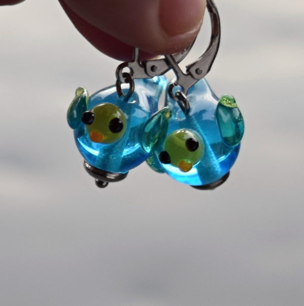 Náušnice ptáčci handmade korálky nerezové zapínání háčky vinuté perle lampwork Greya